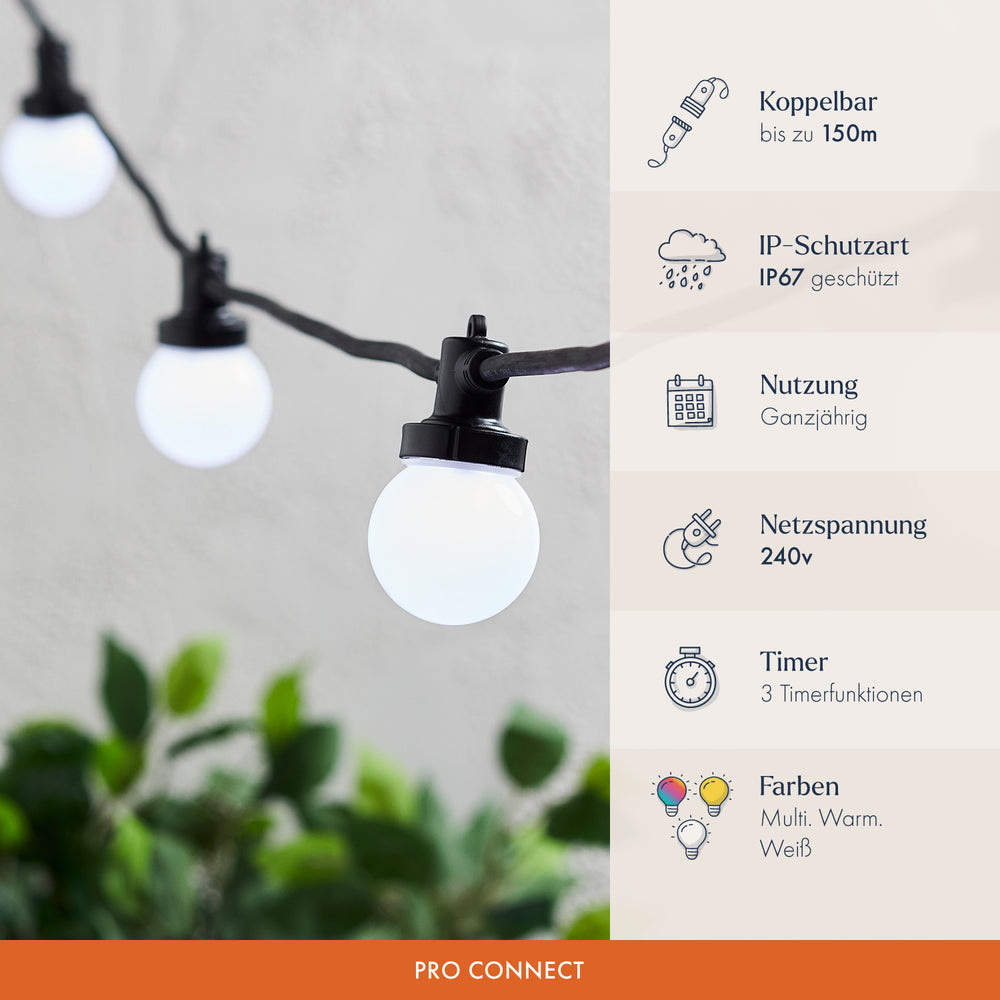 Produktbild mit technischen Details zur koppelbaren Pro Connect Lichterkette und Timerfunktionen