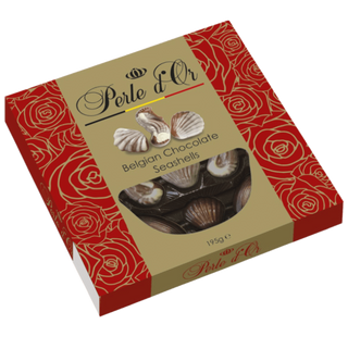 Belgian Perle D'Or Seashells in a red roses gift box.