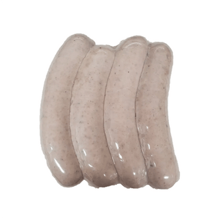 Four fresh German bratwurst links in natural casing