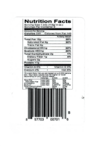 German bratwurst pack of 4 product label with ingredients and nutrition