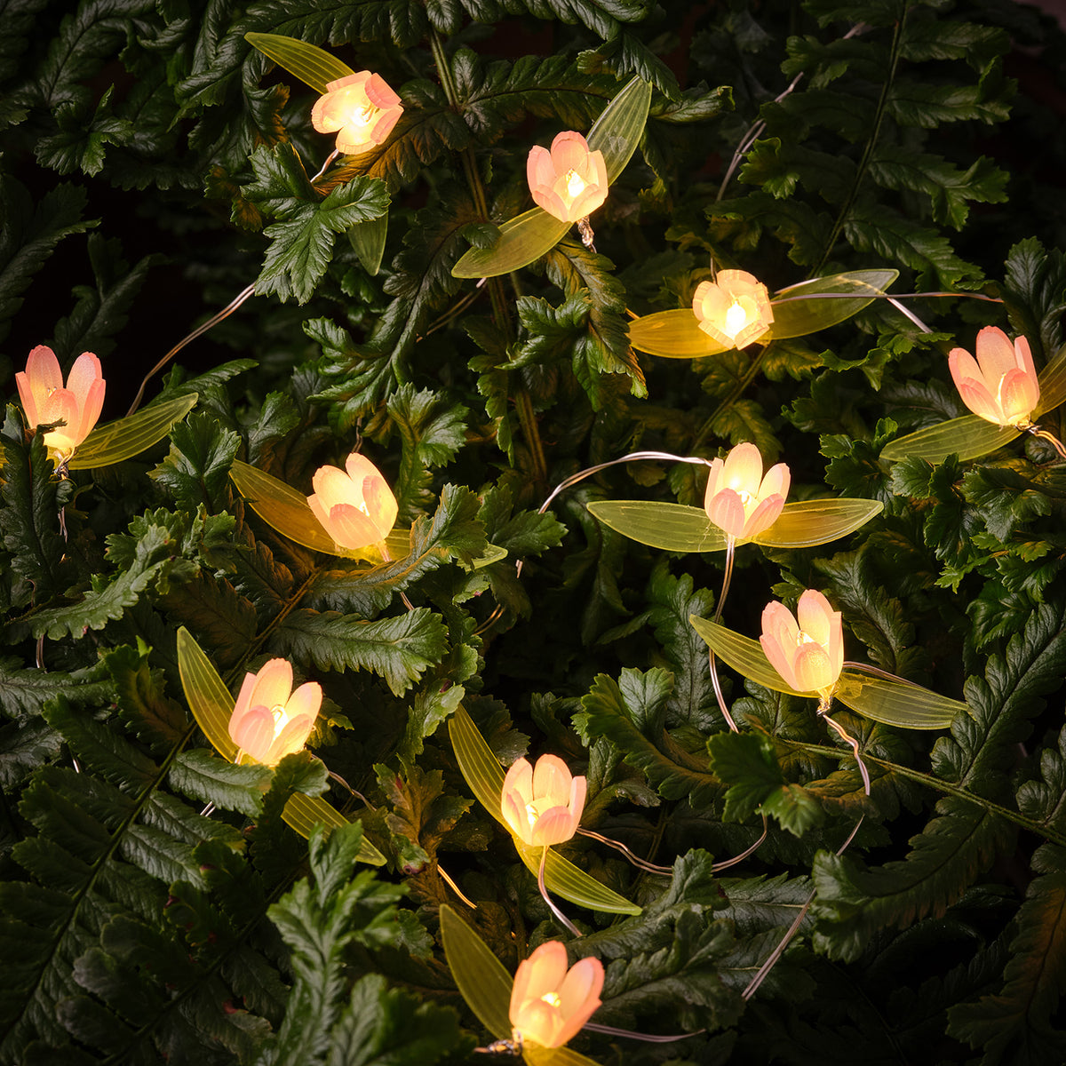 Beleuchtete gelbe Blüten der LED-Lichterkette zwischen grünen Blättern im Dunkeln