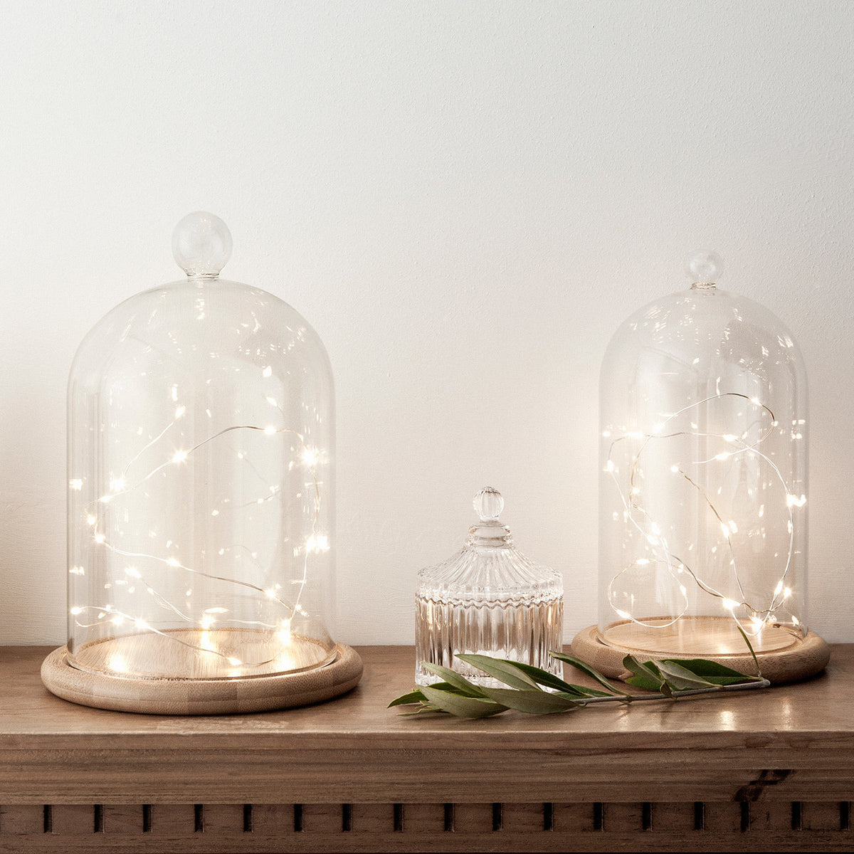 Zwei Glasglocken mit warmweißen LED-Mikrolichterketten auf Holzunterlage neben einer kleinen Glasdose und einem Zweig