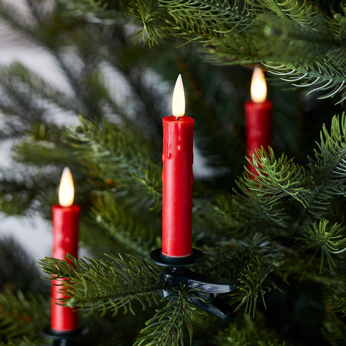 Rote LED Baumkerzen mit Flammen-Attrappe an einem Tannenzweig befestigt