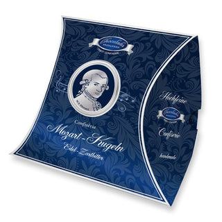 Decorative chocolate packaging with Mozart portrait and intricate design