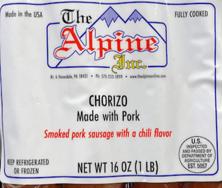 Packaged chorizo sausages with Alpine Inc. label on a marble surface