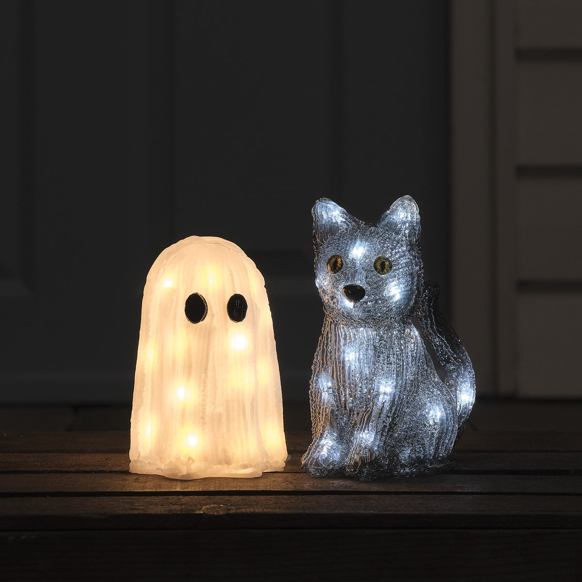 2er Set LED-Halloweenfiguren Mini-Geist & Katze "Jet"