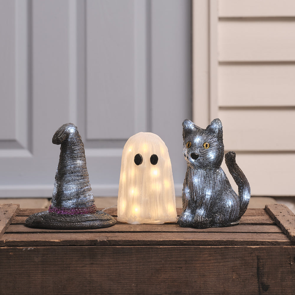 3er Set LED-Halloween-Figuren aus Acryl mit Timer – Geist, Hexenhut & Katze Jet