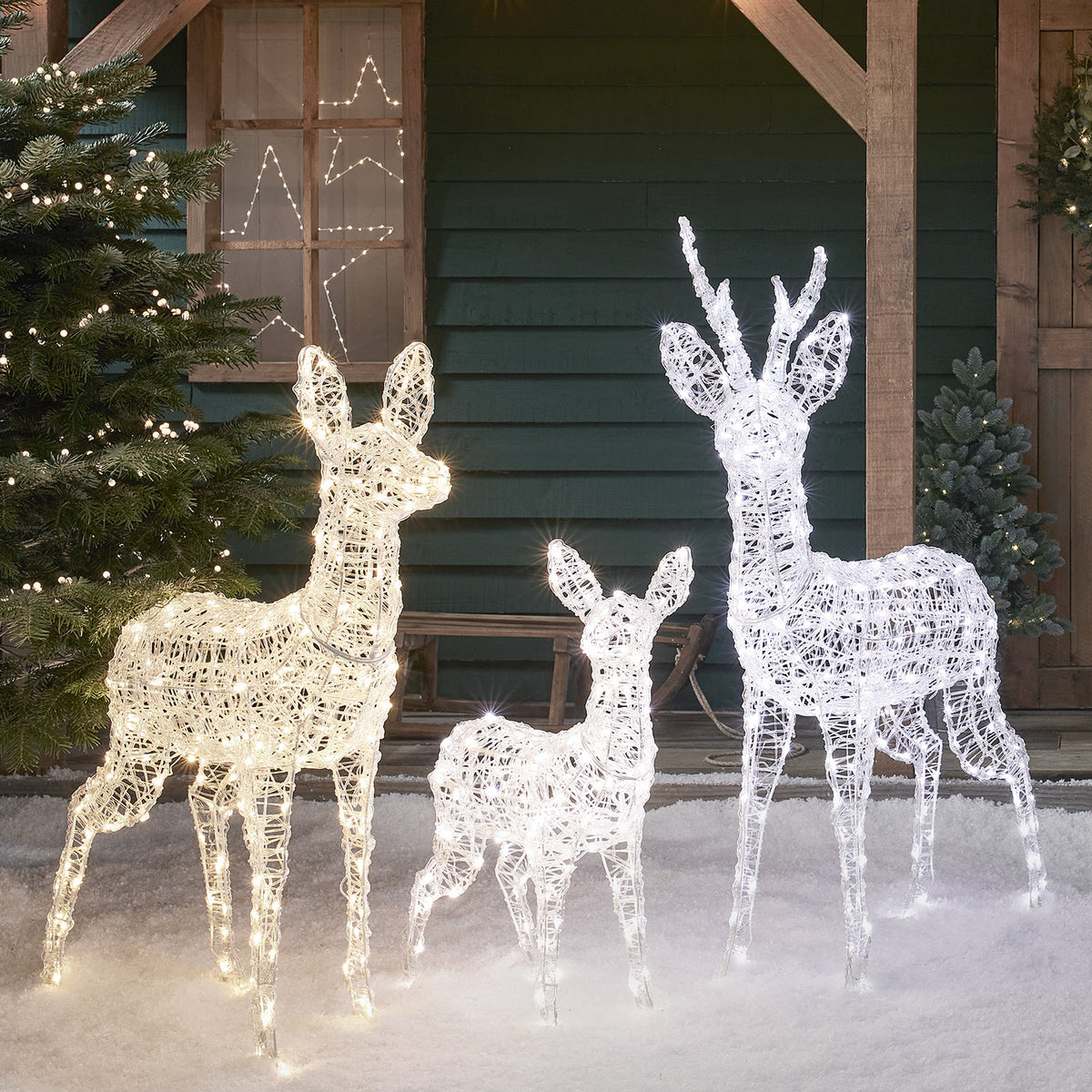 Drei warmweiß beleuchtete Rentierfiguren aus Acryl auf Rasen vor dunkler Hecke bei Nacht