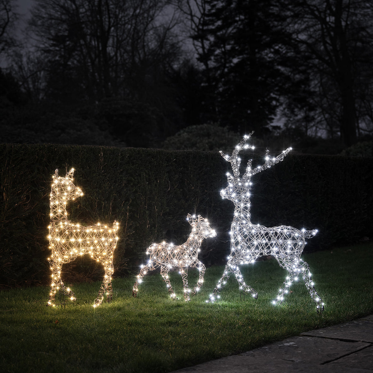 Drei leuchtende Solar-LED-Rentierfiguren in weißem Licht vor dunklem Hintergrund auf Rasen