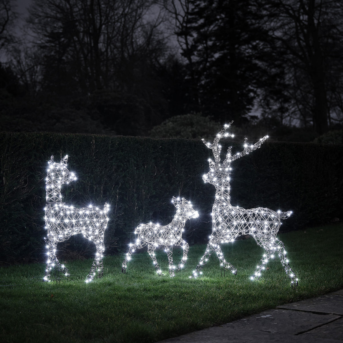 Drei leuchtende Solar-LED-Rentierfiguren in weißem Licht vor dunklem Hintergrund