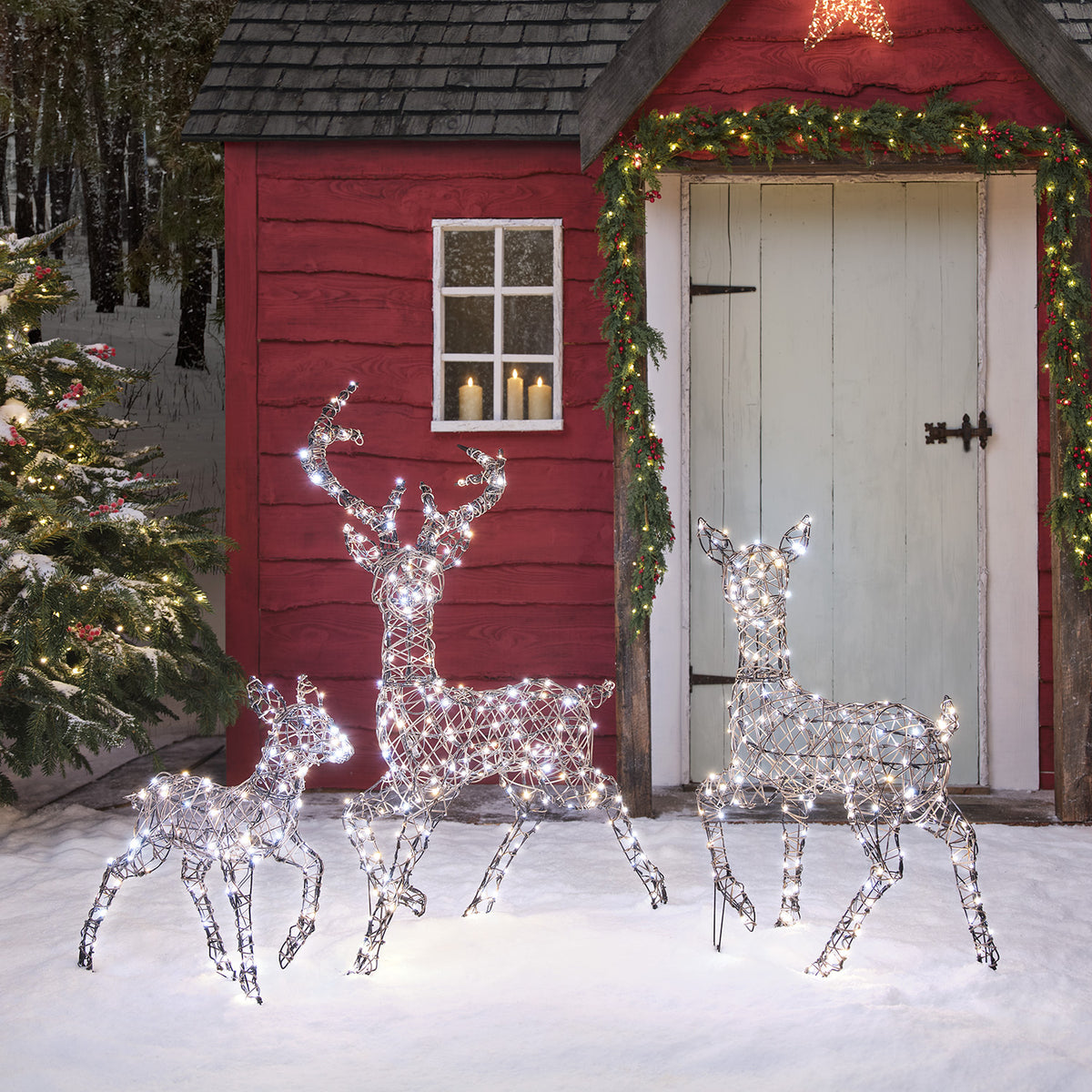 Solar-LED-Rentierfamilie mit Hirsch, Hirschkuh und Kitz vor rotem Haus im Schnee