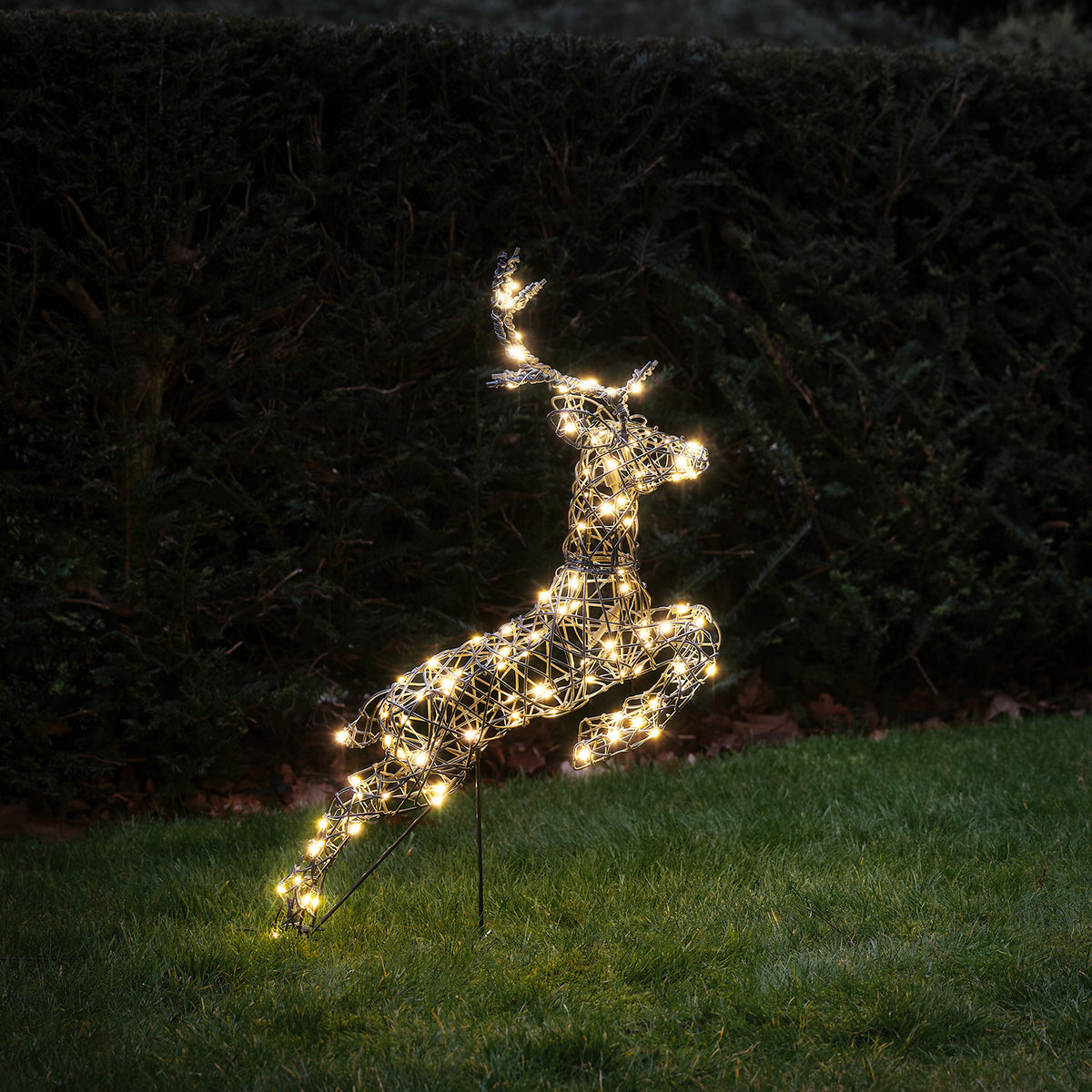 Einzelnes springendes LED-Rentier mit warmweißen Lichtern auf grünem Rasen bei Nacht