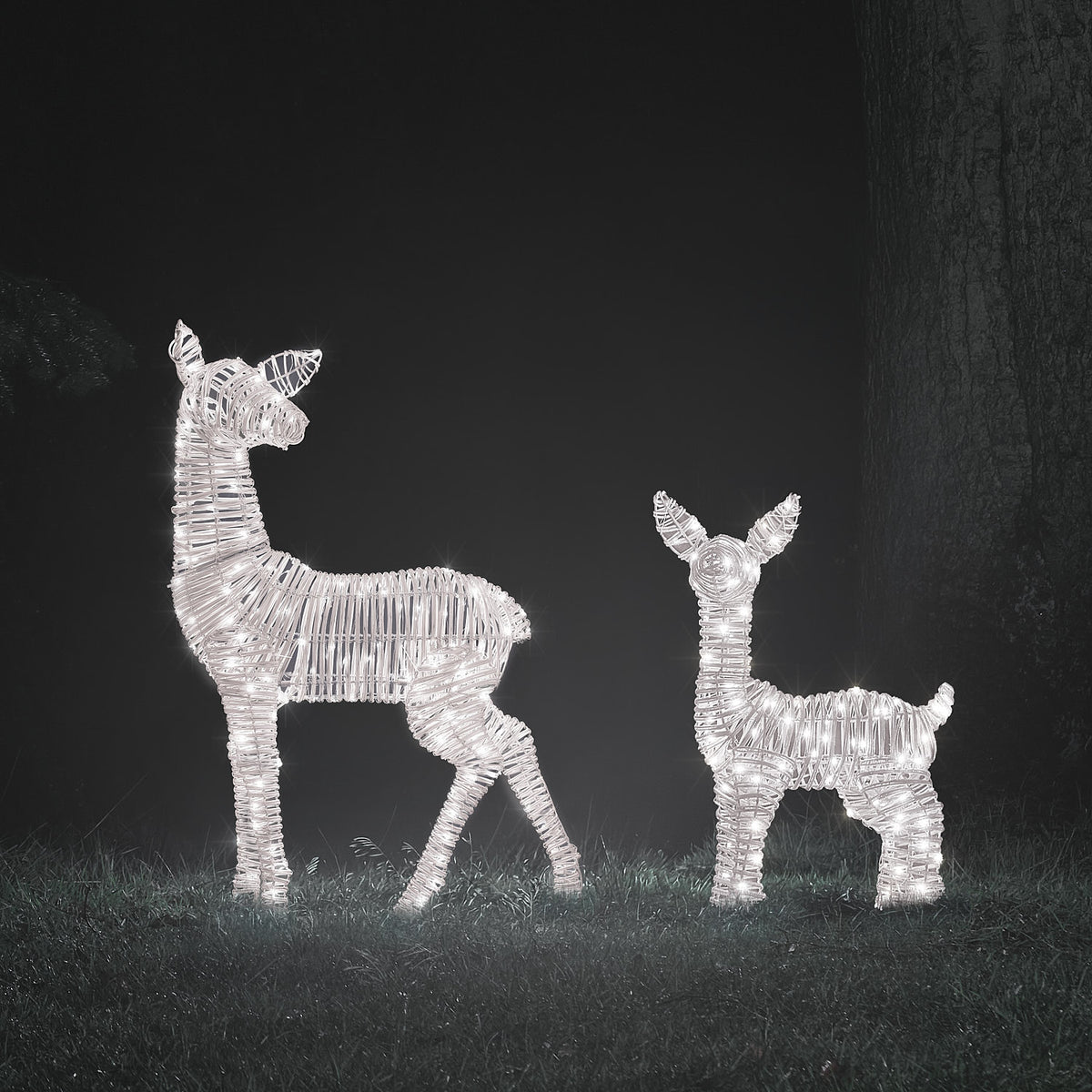 Zwei LED-Rehkitze aus Rattan in weißem Licht leuchtend bei Nacht auf Rasen