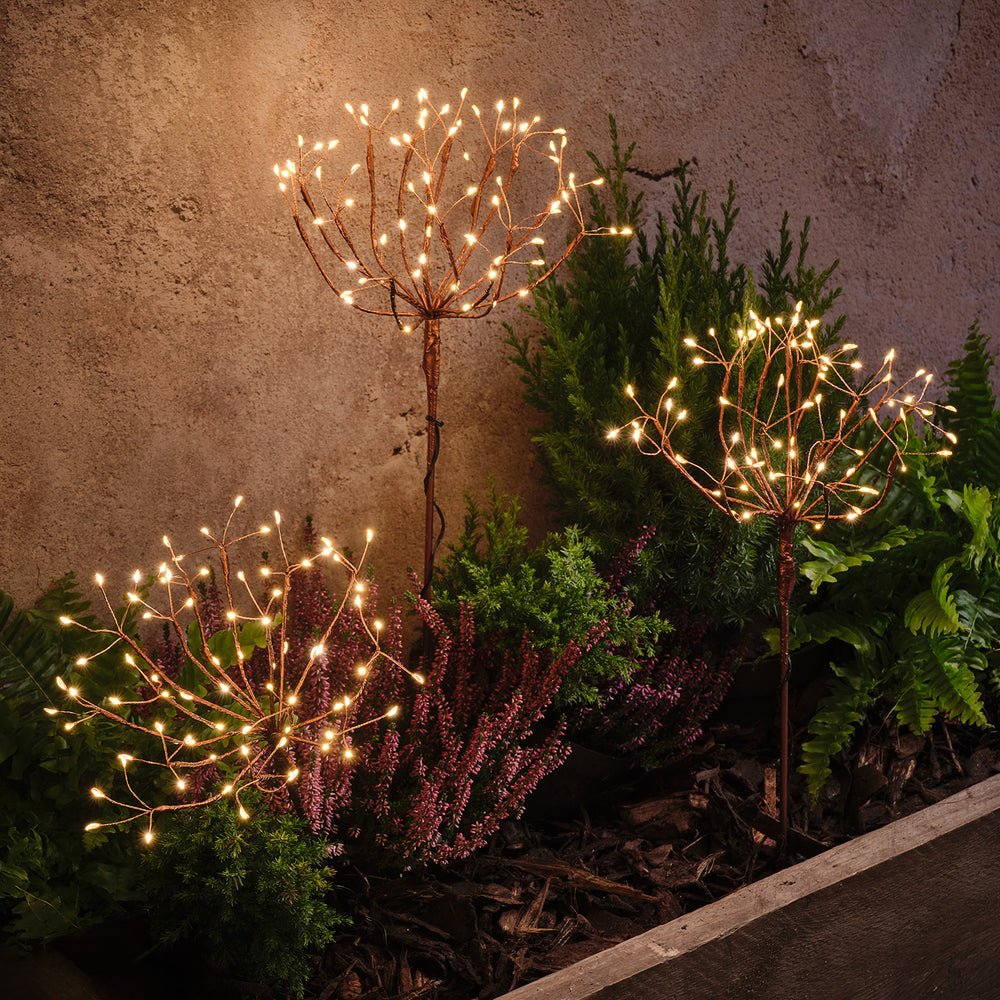 Drei goldfarbene Solar Feuerwerk Gartenstecker mit warmweißen LEDs in einem Beet bei Dämmerung