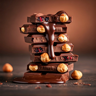 Stack of chocolate bars with nuts and berries on a dark background