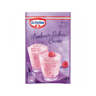 Packaged dessert mix for raspberry cream with a purple background.