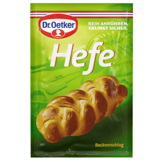 Dr. Oetker Hefe yeast package with a loaf of bread on a green background