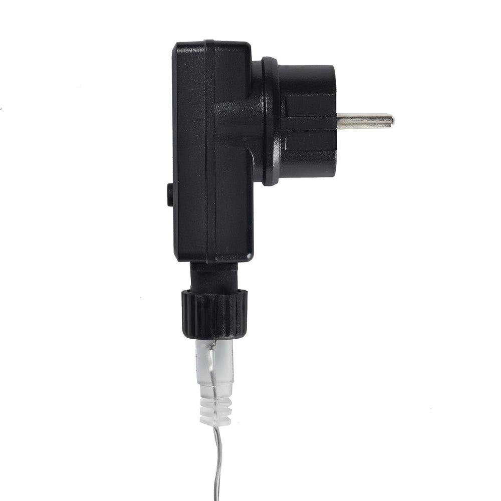 Seitliche Ansicht des schwarzen Essential Connect Transformator Netzsteckers mit transparentem Kabel
