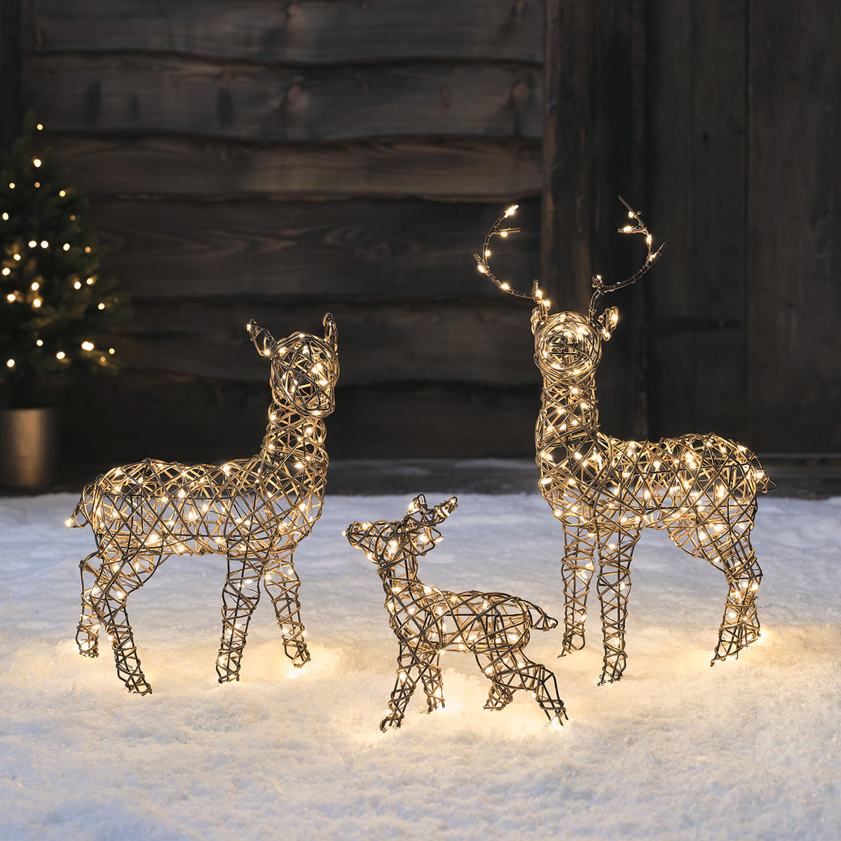 3er Set Mini LED-Rentierfamilie aus Rattan-Imitat mit warmweißen Lichtern im Schnee