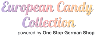 Text 'European Candy Collection powered by One Stop German Shop' on a green background