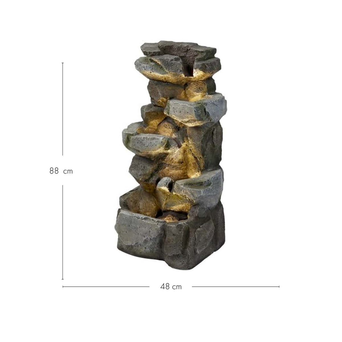 Produktbild mit Maßangaben des 88 cm hohen und 48 cm breiten LED-Gartenbrunnens in Felsenoptik