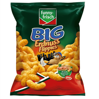 Bag of Funny Frisch Big Erdnuss Flippies snacks with colorful packaging.