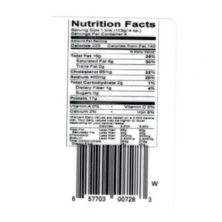German Weisswurst pack of 4 label with ingredients and nutrition information