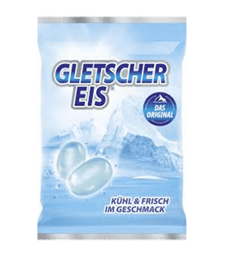 Packaging of Gletscher Eis lozenges, predominantly blue with ice cube graphics, indicating a cool and fresh product.