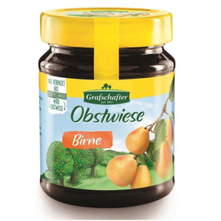 A jar of Grafschafter Pear Butter with a label showing the brand name and pears. The jar has a yellow lid and is placed against a white background.