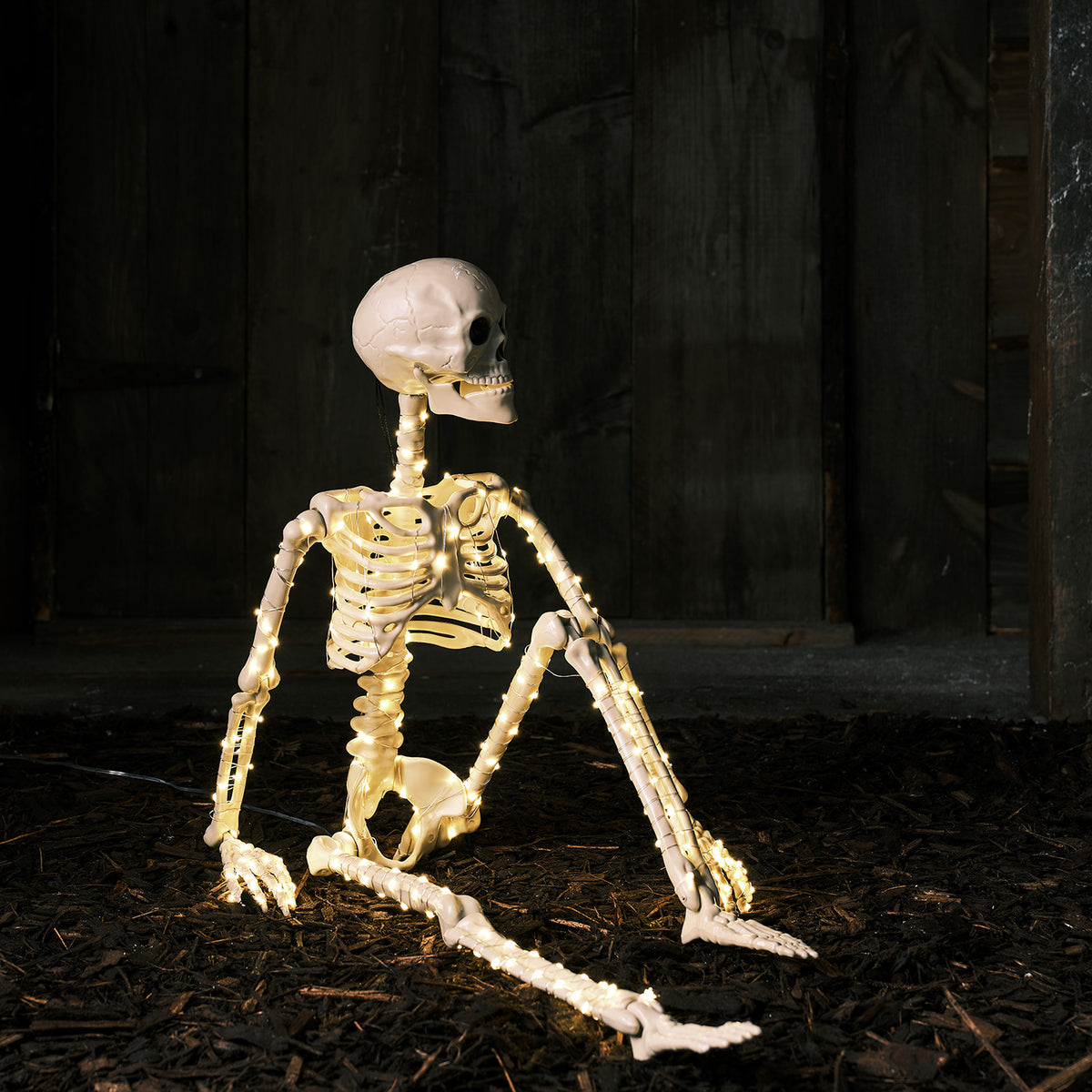 Skelett mit Micro LEDs sitzt auf Boden, hebt ein Bein, dunkler Hintergrund mit Holz