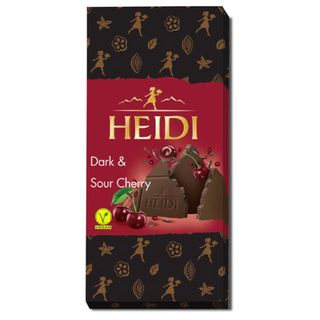 HEIDI dark chocolate bar packaging with cherry illustration on a white background