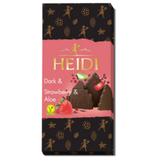 HEIDI chocolate bar packaging with dark chocolate pieces and strawberry illustration on a pink background