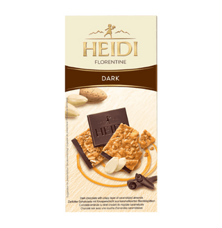HEIDI Florentine Dark chocolate packaging with chocolate bar and cookies on a white background