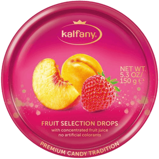 Kalfany Fruit Selection assorted hard candies in a tin.