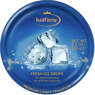 Kalfany Ice Refreshing hard candies in a blue tin.
