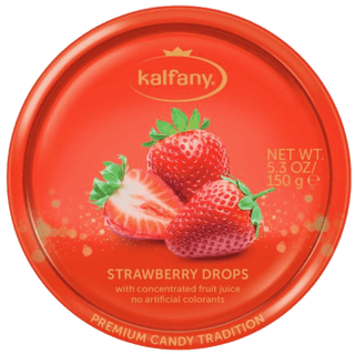 Kalfany Strawberry flavored hard candies in a red tin.