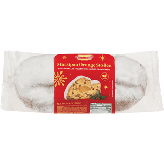 Marzipan Orange Stollen package with a red label on a white background