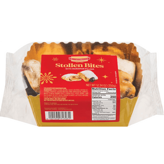 Packaged Stollen Bites with a red label on a white background