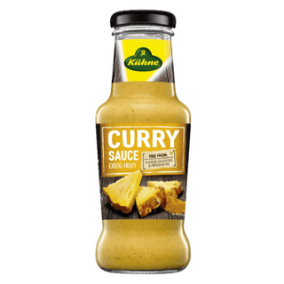 Bottle of Kähne Curry Sauce on a white background