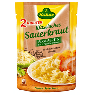 Kühne sauerkraut package with text and images of sauerkraut and a dish.