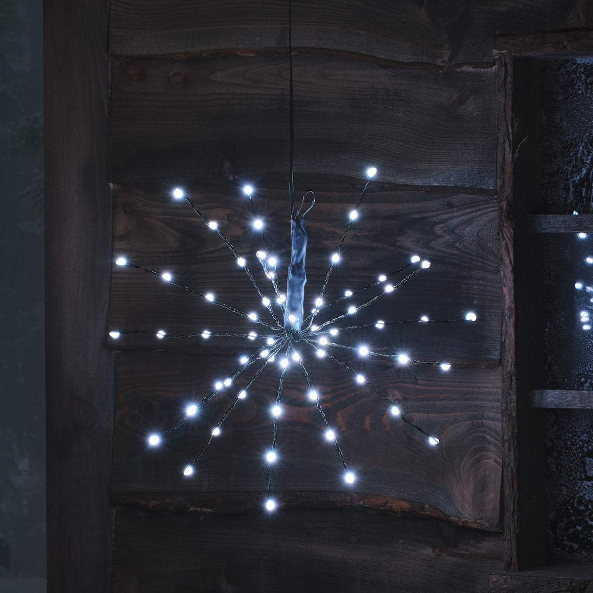 LED Starburst Weihnachtsdeko mit kaltweißen LEDs an flexiblen Ästen vor Holz