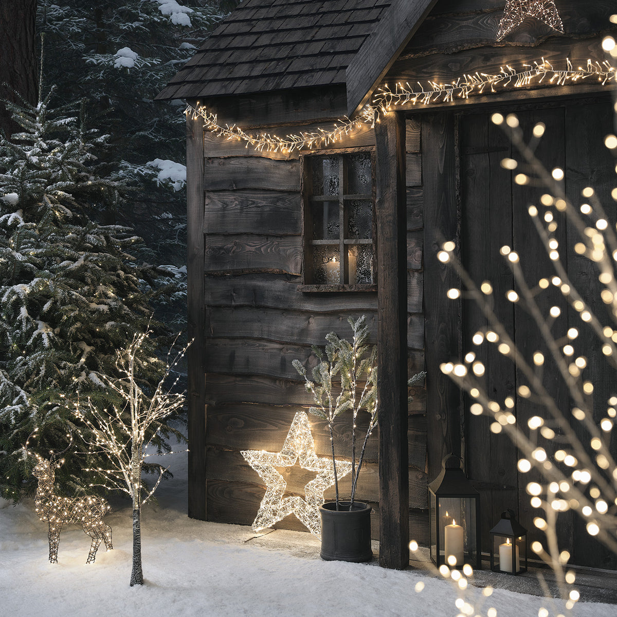 Winterliche Gartendekoration mit beleuchtetem LED-Stern, Rentier und Lichterketten am Holzhaus
