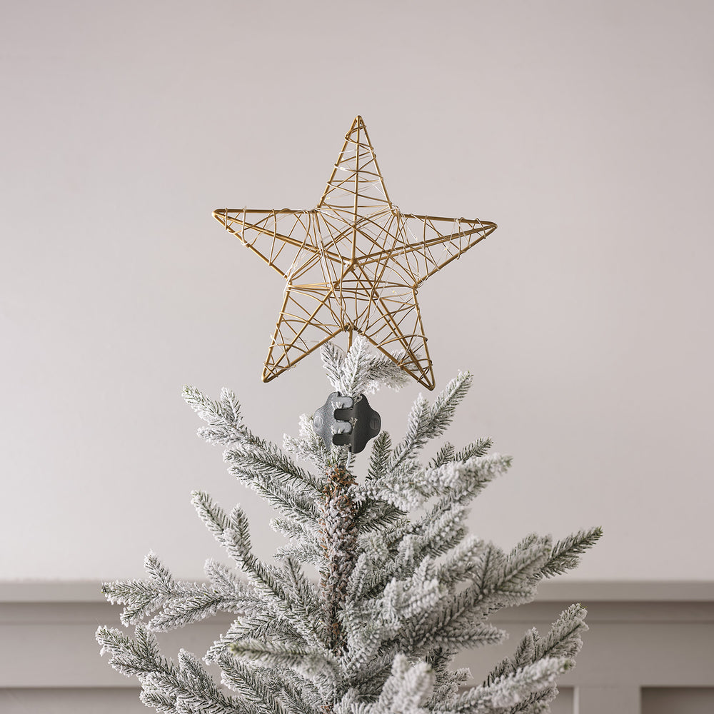 Unbeleuchteter goldener Metallstern als Weihnachtsbaumspitze auf schneebedecktem Tannenzweig