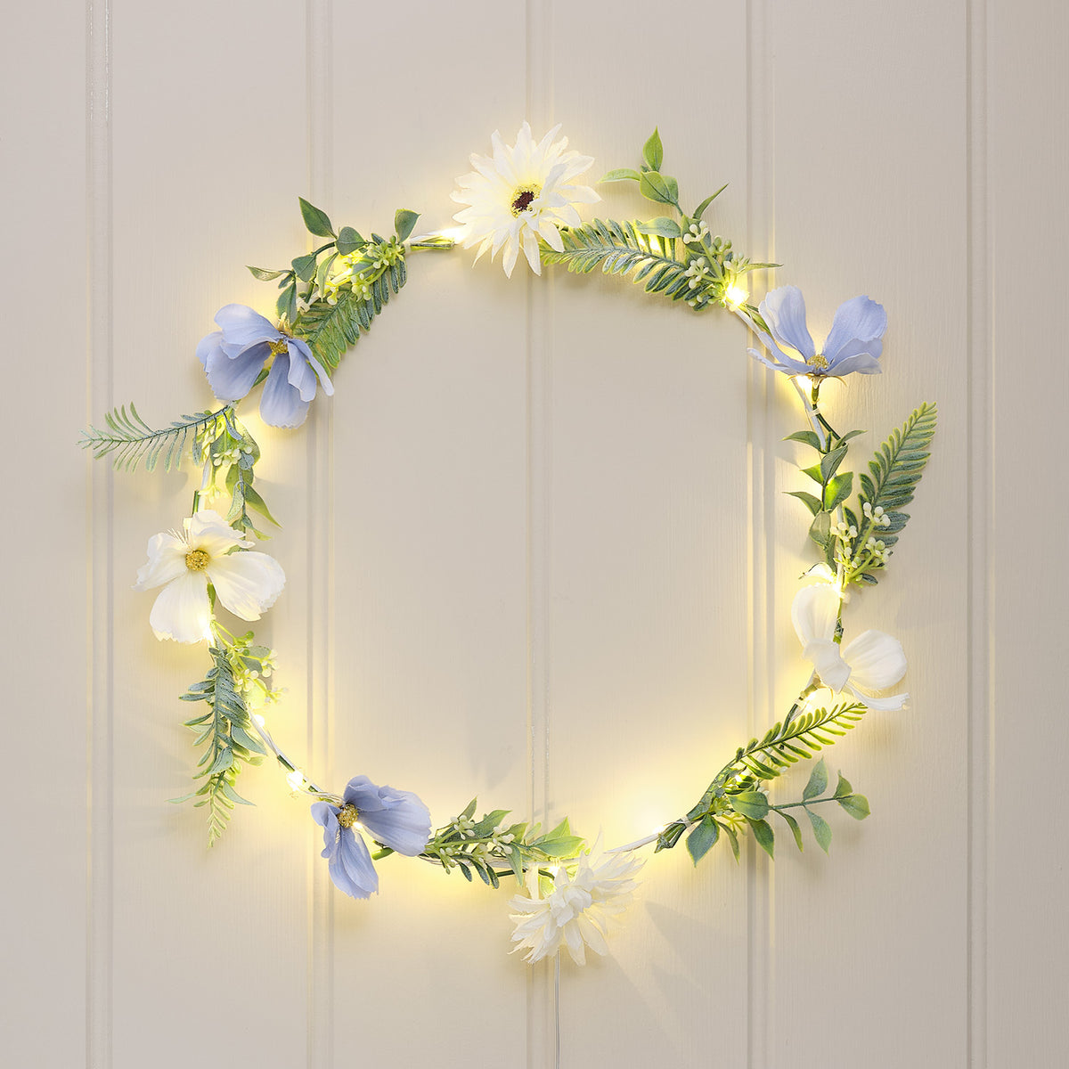 Weißer / blauer LED-Blumenkranz mit warmweißen Mikro-LEDs & Timer