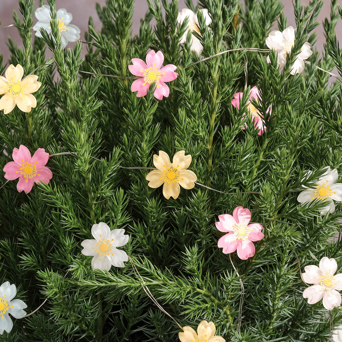 Pastellfarbene Blumenlichterkette dekorativ in grünen Zweigen drapiert