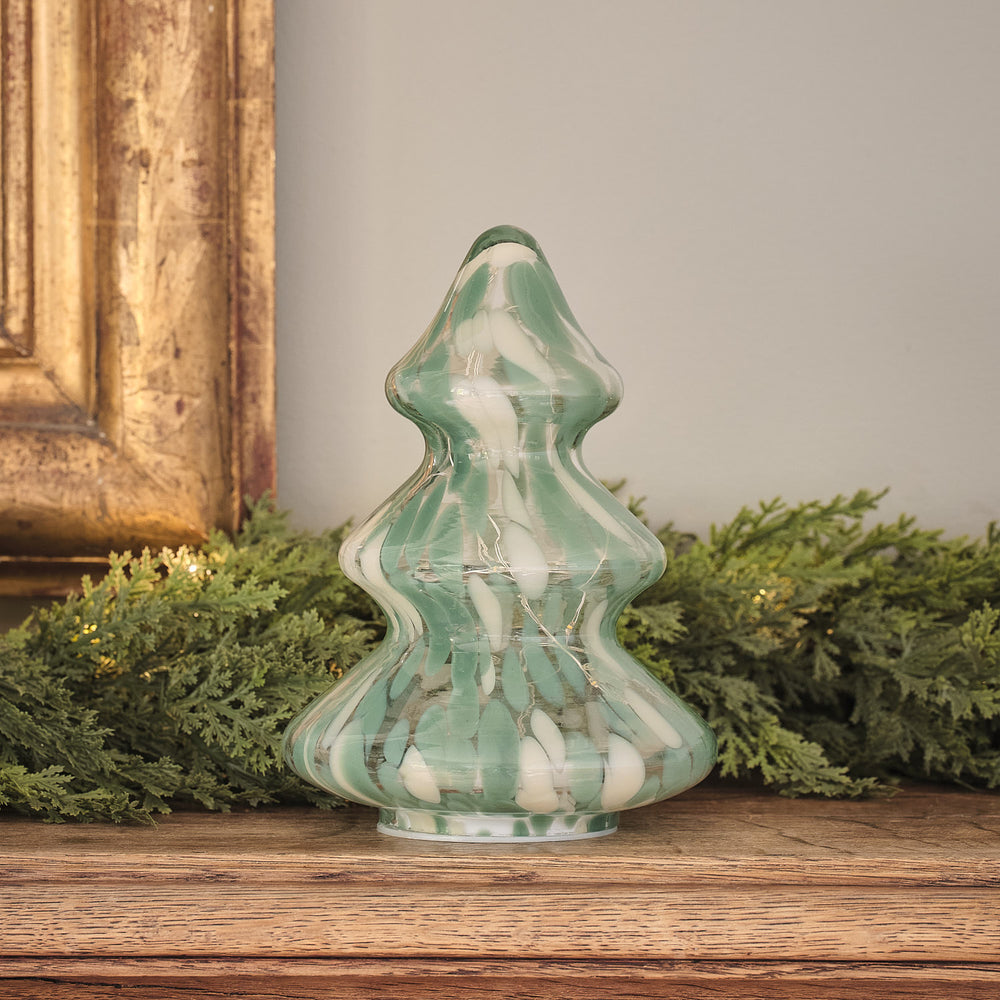 Grüner LED-Deko-Weihnachtsbaum aus Glas mit weiß-grüner Konfettistruktur ohne Beleuchtung