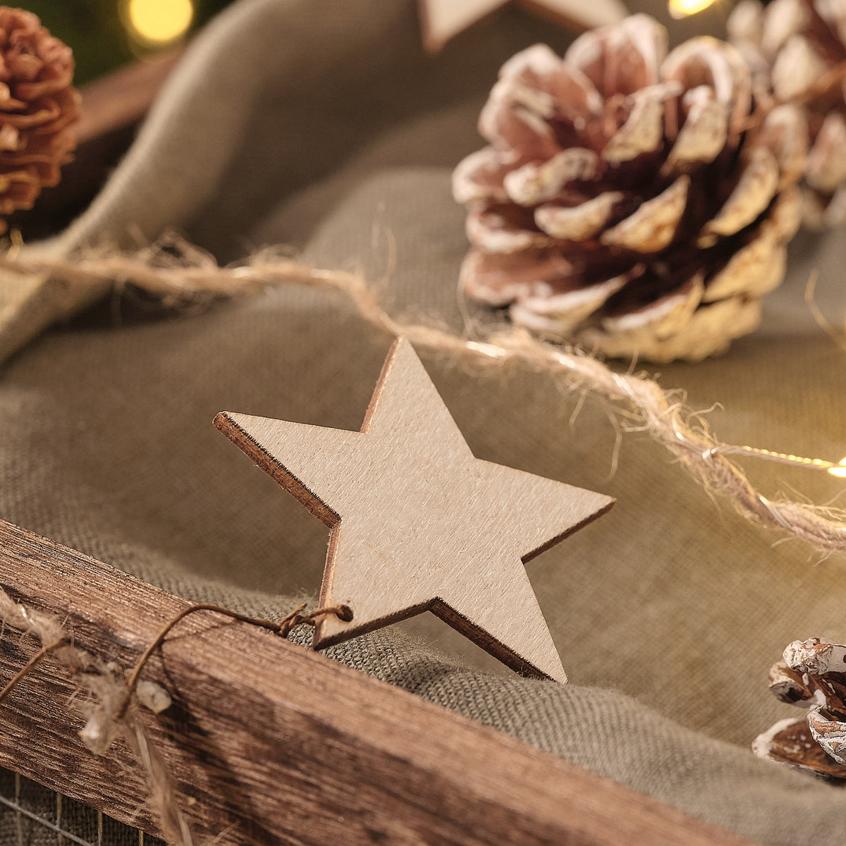 Detailaufnahme eines Holzsterns und Tannenzapfens mit Frost-Effekt an LED-Girlande auf grünem Stoff