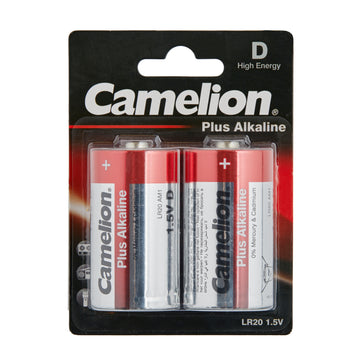 Verpackung mit 2 Camelion Plus Alkaline Typ D Batterien 1,5 Volt