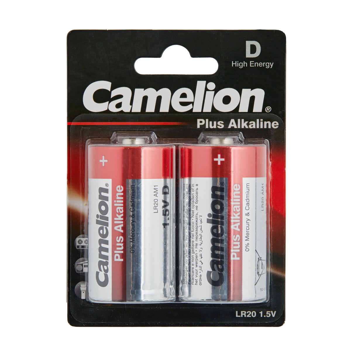 Verpackung mit 2 Camelion Plus Alkaline Typ D Batterien 1,5 Volt