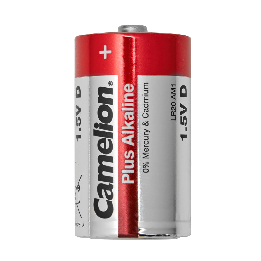 Nahaufnahme einer Camelion Plus Alkaline Typ D Batterie mit rotem und silbernem Design